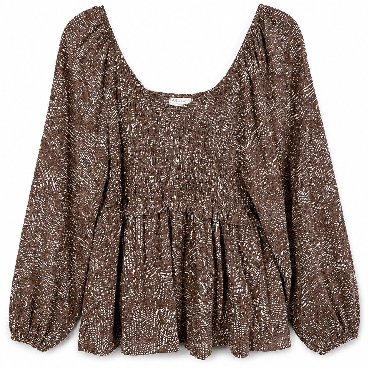 Just Living Top Women 2x Brown Smocked Peplum Long Sleeve Boho Babydoll Blouse